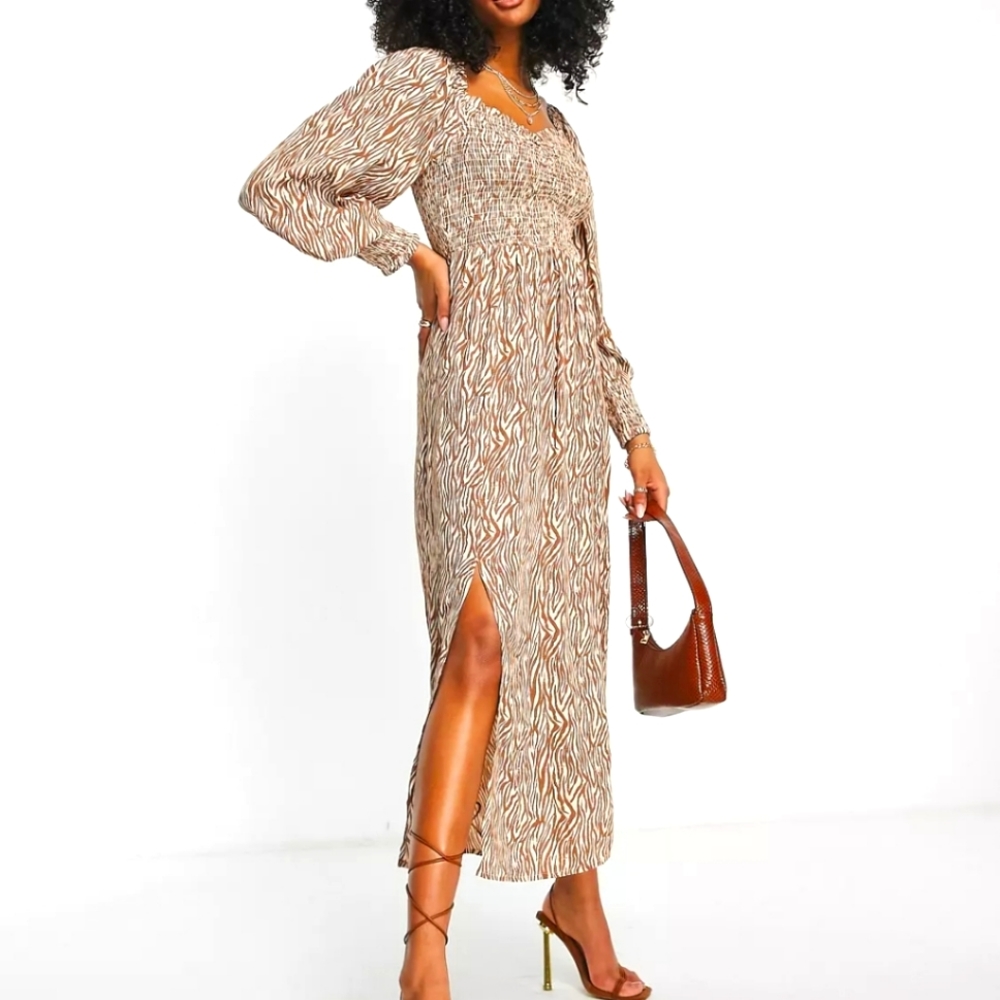 River island animal print shirred midi dress in brown